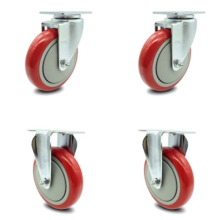 Service Caster 5 Inch Red Polyurethane Wheel Swivel Top Plate Caster Set with 2 Rigid SCC SCC-20S514-PPUB-RED-TP3-2-R-2